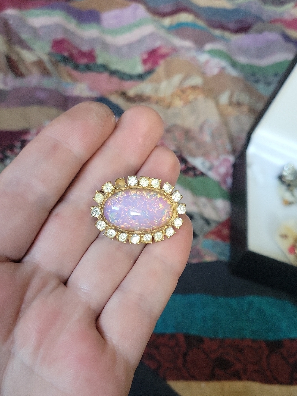 Vintage Gold-Tone Pink Opal Oval Brooch with Clear Crystal Halo Stone Missing